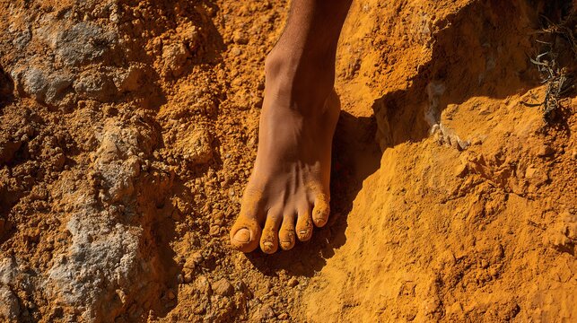 Bare foot treads ochre earth. Close shot shows foot. Feeling earth's power connects you. Top angle.