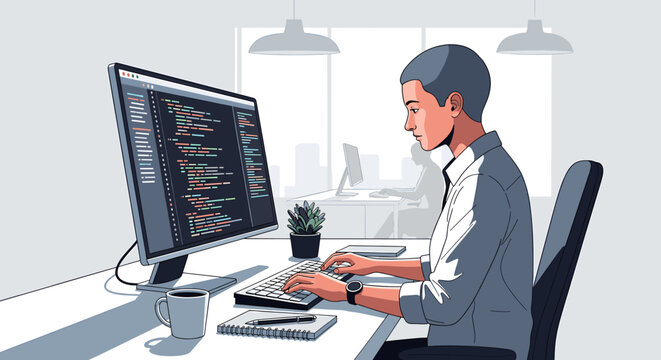 A man coding on a computer in a modern office setting, focused on software development.