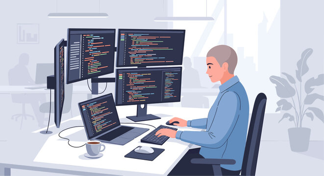 A programmer working at a desk with multiple monitors displaying code and a laptop.