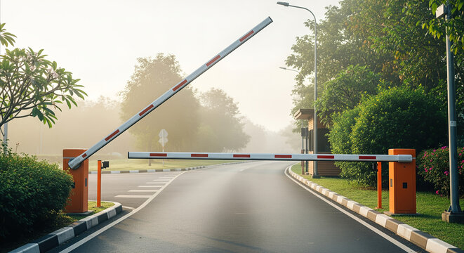 Open boom barrier gate welcomes entry on a misty morning road with lush greenery