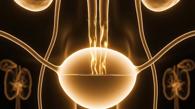 Detailed anatomical illustration of the human urinary system including kidneys, ureters, and bladder with glowing internal structures
