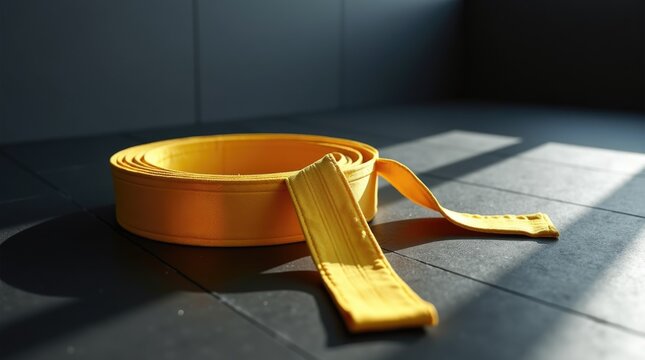 Yellow taekwondo belt resting on black mat, minimal martial arts equipment, simple training setup