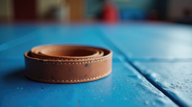 Brown taekwondo belt with sweat stain on blue mat, used equipment evidence, dedicated training