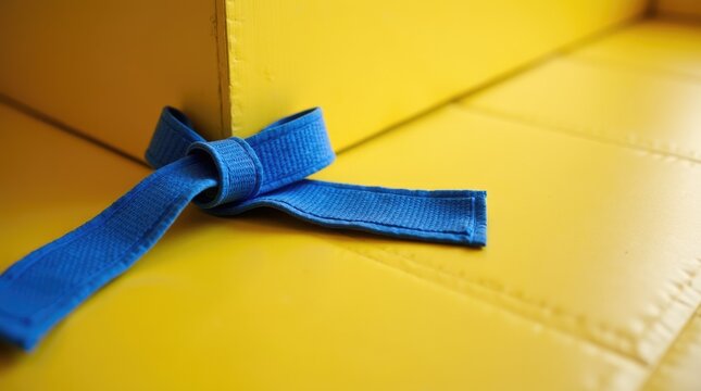 Blue taekwondo belt draped across yellow mat corner, casual training gear, martial arts practice aftermath