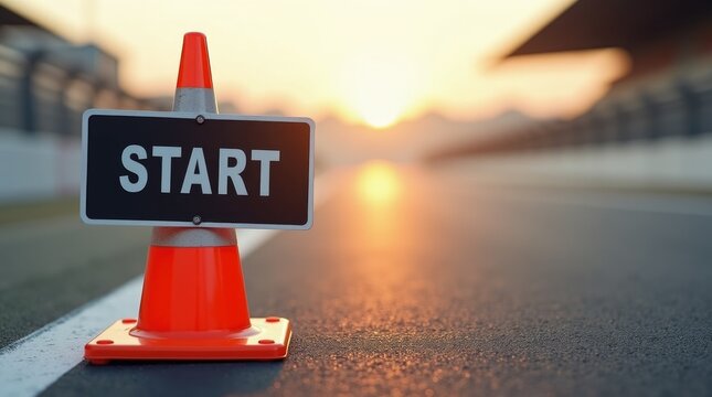 Race start sign on orange cone at empty racing circuit, morning practice readiness, motorsport preparation