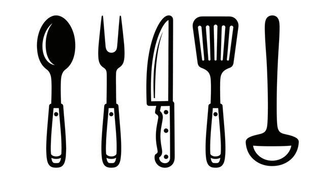 Black and white kitchen utensils isolated on white background
