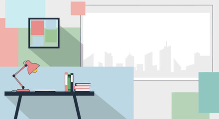 Naklejka premium A minimalist flat design illustration of a home office desk with a lamp, books, and a window overlooking a city skyline.