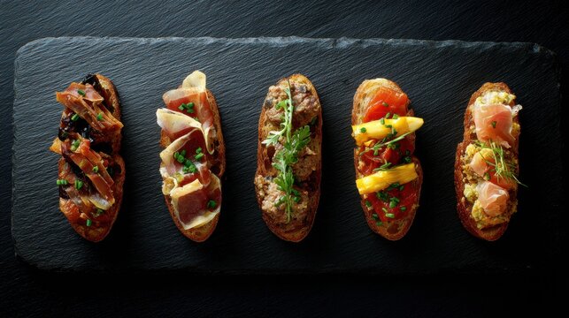 Variety of tapas crostini with cured meat, cheese, vegetables and herbs on dark slate board. Gourmet finger food selection