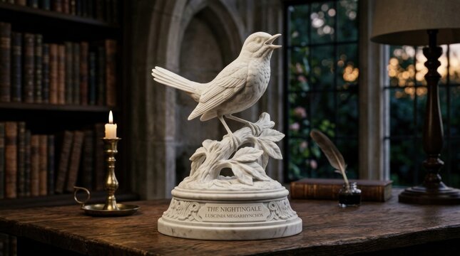 Elegant White Marble Bird Sculpture Displayed on Classic Wooden Table.