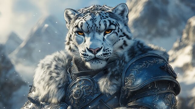 A noble snow leopard warrior is depicted wearing silver-blue knight armor adorned with frost engravings, complete with fur-trimmed pauldrons. Its glowing amber eyes shine from beneath an open helmet.