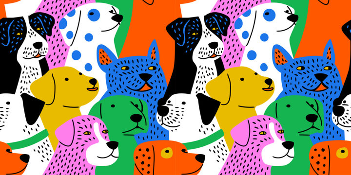 Funny dog animal crowd cartoon seamless pattern in flat illustration style. Cute puppy pet group background, diverse domestic dogs breed wallpaper.