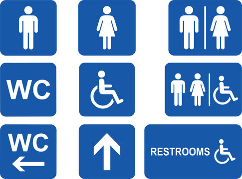 Male female and wheelchair accessible restroom icons, universal bathroom and toilet sign silhouettes for public facility on transparent background