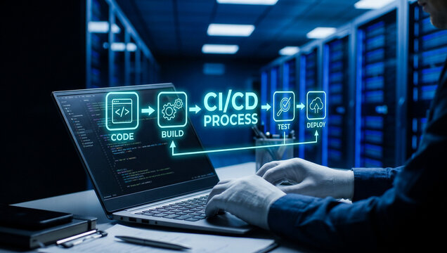 A person works with CI/CD process on a laptop