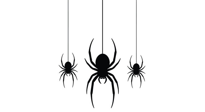 Three stylized black spiders dangling from thin strings against a stark white background