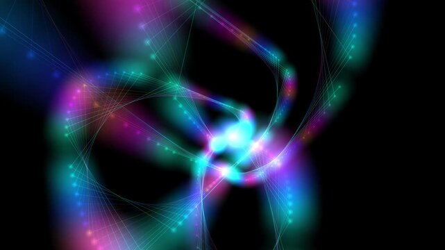 A dark background with swirling, glowing lines and dots in vibrant shades of blue, purple, and teal, creating a dynamic energy vortex