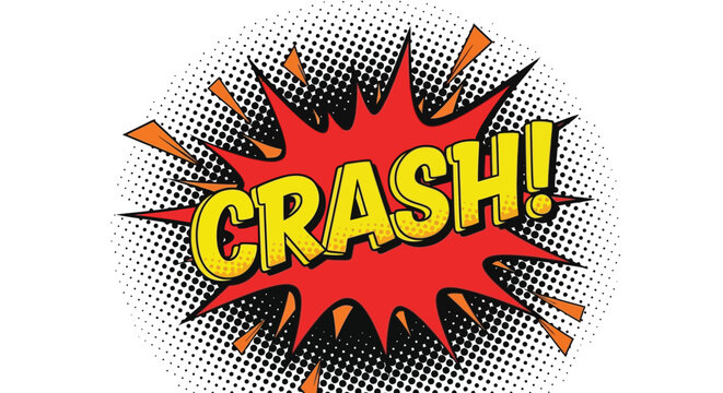 A vibrant comic style 'crash' sound effect with an explosive red speech bubble and halftone dot background.