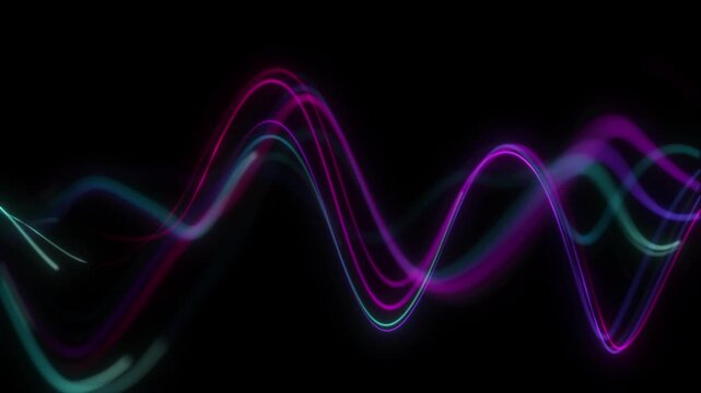 Abstract Neon Waveform Lines. Multicolor Blue Pink Purple Glow. Luminous Fiber Curve Flow. Futuristic Signal Wave Screen. Soft Shine Energy Trails. Digital Audio Pulse Landscape Loop. 4K 60fps