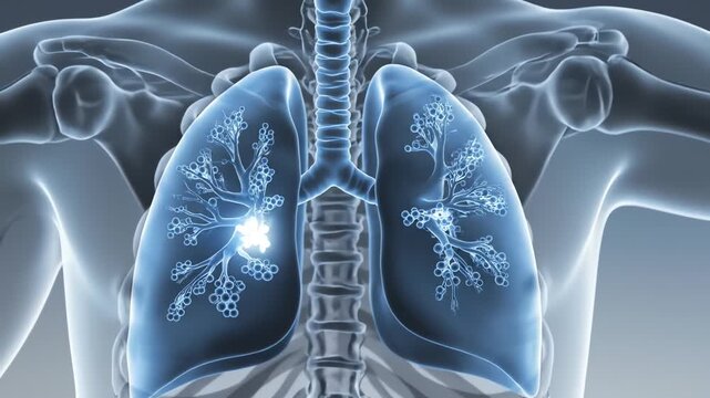 Close-up view of the human respiratory system with glowing blue lungs and bronchioles, highlighting a small spot on the left lung