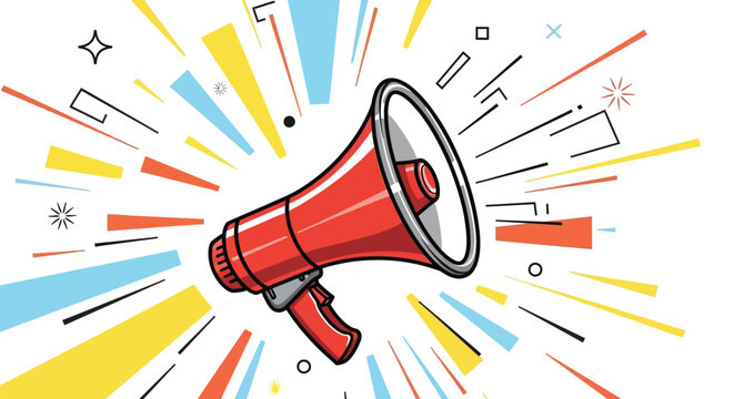 A vibrant red megaphone broadcasting an announcement with colorful energetic lines exploding outward
