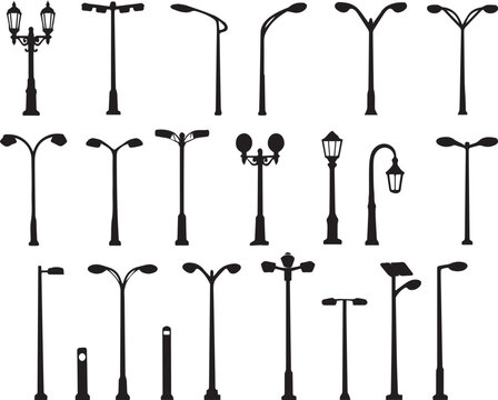 Collection of street lamps and light posts on transparent background