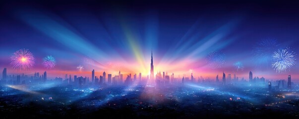 Fototapeta premium Panoramic view of a city skyline at night with colorful fireworks illuminating the sky and vibrant light rays emerging from the horizon