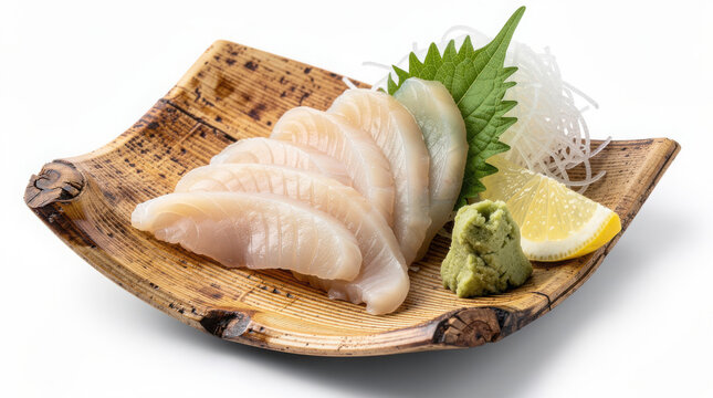 Geoduck Sashimi on Bamboo Plate 35 Degree Angle Isolated on White Background Studio Shot
