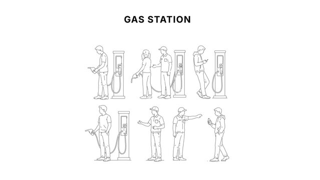 Minimal CAD gas station drawings set with people refueling vehicles, fuel pump interaction and service poses, clean side view symbols in architectural line style for plans and layouts