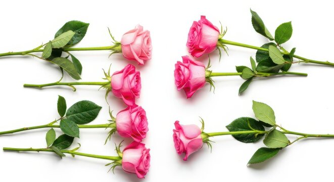 Fresh pink roses with green leaves and stems