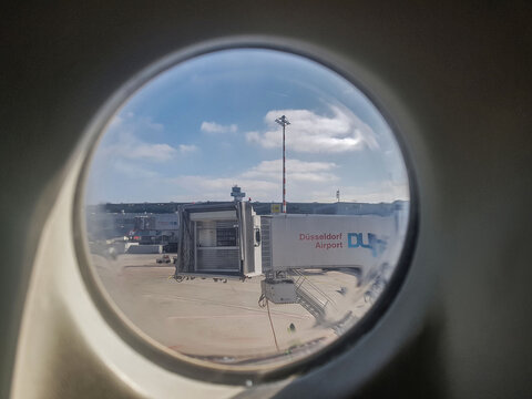Dusseldorf, Germany - March 24, 2017 - jetway of Dusseldorf airport terminal view from airplane door window