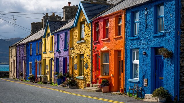 Bright houses stand in a line in Eyeries, Ireland.