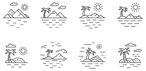 Fototapeta premium Line Art Coastal Paradise: A set of stylized illustrations depicting tropical islands, palm trees, and ocean views. Coastal scene, island design, travel concept, summer vacation, landscape outline. 