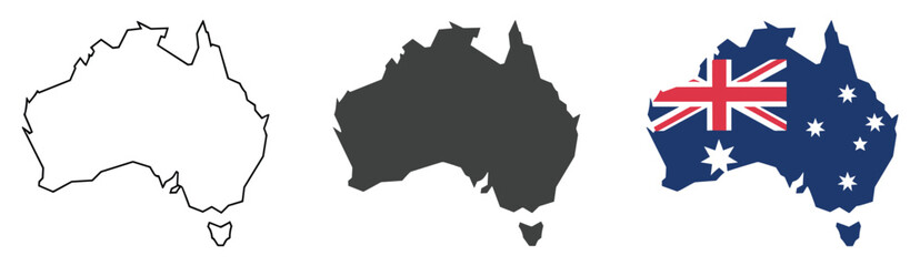 Australian Identity: Set of detailed map outlines & flag. national emblem, geographical data, land mass, patriotic symbol, aussie identity. © Shuvo S