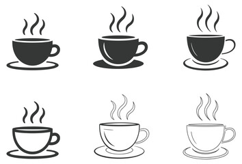 Obraz premium Coffee Cup Silhouette Set: Six variations of a steaming cup. Cafe symbol, breakfast design, aroma, morning refreshment, beverage icon.