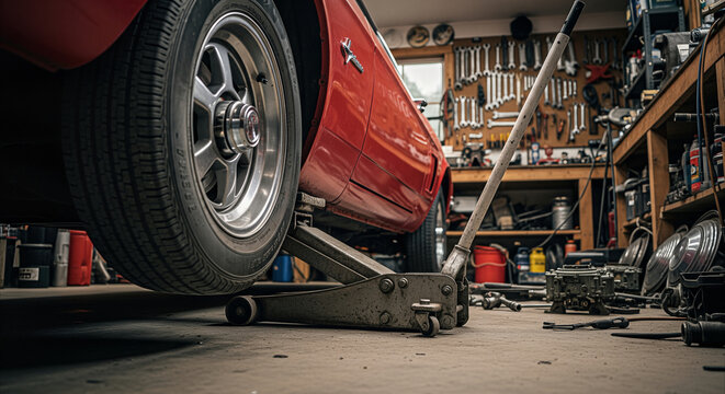 Vintage car jack lifting classic red automobile in cluttered home garage with tools and parts