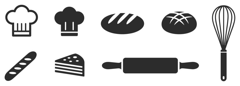 Bakery Icons Collection: An array of symbolic representations of baking tools and treats. food design, chef tools, baked goods, bakery concept, food industry.