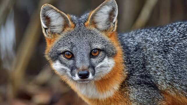 Gray fox from South America stands looking at you.