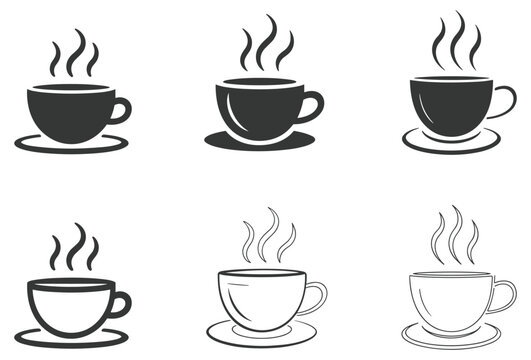 Coffee Cup Silhouette Set: Six variations of a steaming cup. Cafe symbol, breakfast design, aroma, morning refreshment, beverage icon.