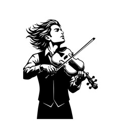 Fototapeta premium Black and white vector illustration of a passionate male violinist with flowing hair playing the violin.