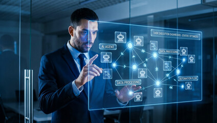 Obraz premium A man interacting with a futuristic, transparent display, representing technological innovation and data analysis
