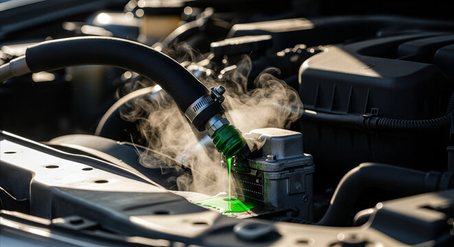 Leaking car radiator hose with green coolant and steam in engine bay, cinematic close-up