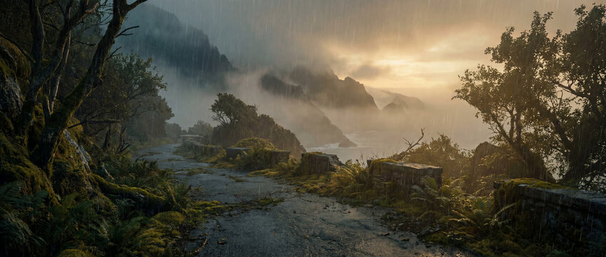 Rewilded Coastal Mountain Road in Rain