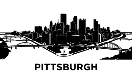 Obraz premium Black and white silhouette skyline of Pittsburgh featuring bridges, rivers convergence, and skyscrapers. Minimal monochrome, no people. Bottom: 