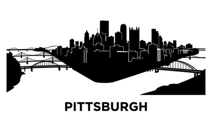 Obraz premium Black and white silhouette skyline of Pittsburgh featuring bridges, rivers convergence, and skyscrapers. Minimal monochrome, no people. Bottom: 