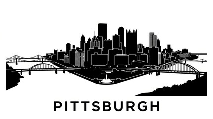 Fototapeta premium Black and white silhouette skyline of Pittsburgh featuring bridges, rivers convergence, and skyscrapers. Minimal monochrome, no people. Bottom: 