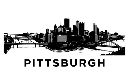 Fototapeta premium Black and white silhouette skyline of Pittsburgh featuring bridges, rivers convergence, and skyscrapers. Minimal monochrome, no people. Bottom: 