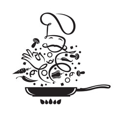 Fototapeta premium cooking process of vegetables on pan isolated on white background