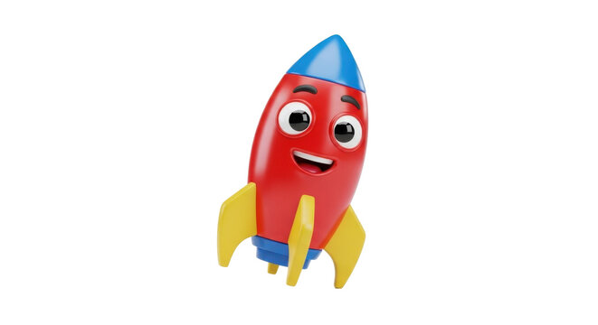 Smiling cartoon rocket with blue nose cone
