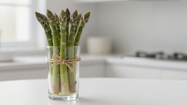 Fresh Green Asparagus Bundle in Clear Glass with Water Vertical