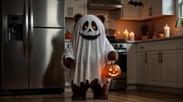 Anthropomorphic bear wearing a ghost costume and holding a jack-o-lantern in a kitchen. Cute animal character celebrating Halloween with a glowing pumpkin