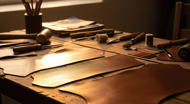 Rich brown leather pieces and artisan tools on a rustic wooden table, bathed in warm golden hour light, showcasing texture and craftsmanship.